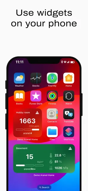 iOS home screen widgets showing current sensor values.