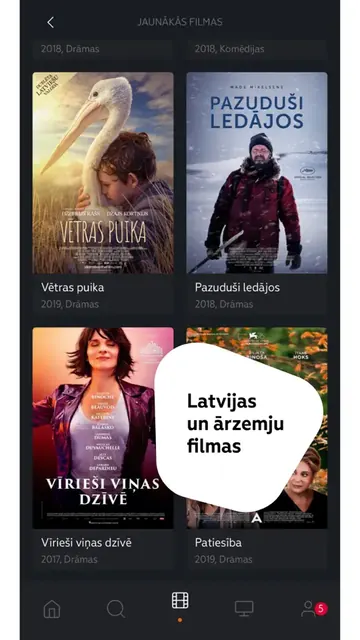 Film catalogue browsing grid of Latvian and international titles.