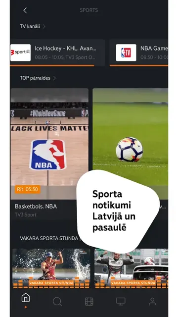 Sports section showing live and upcoming events.