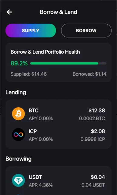 Borrow and lend in the extension: supply and borrow tabs, portfolio health, and open lending and borrowing positions in BTC, ICP and USDT.