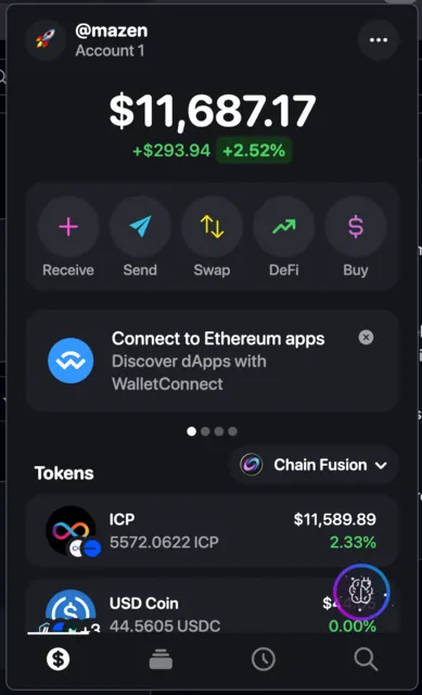 Plug Wallet browser extension popup: total balance with 24-hour change, quick actions for receive, send, swap, DeFi and buy, a WalletConnect prompt for Ethereum dApps, and a Chain Fusion filtered token list.