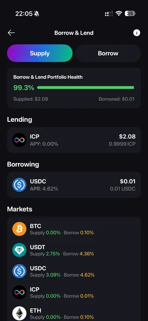 Borrow and lend on mobile: supply and borrow tabs, portfolio health, open positions, and a markets list of supply and borrow rates for BTC, USDT, USDC, ICP and ETH.