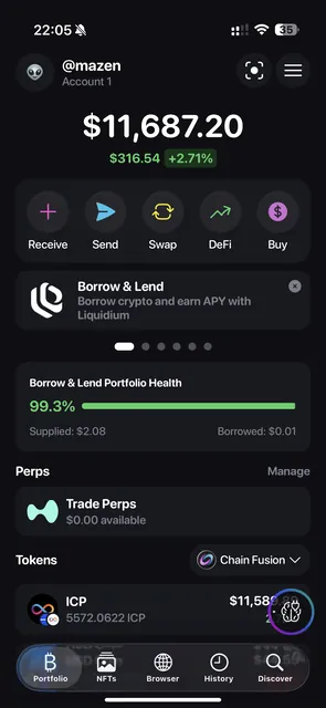 Plug Wallet mobile portfolio home: total balance with 24-hour change, quick actions, a borrow-and-lend position with portfolio health, a perpetual futures entry point, and a Chain Fusion filtered token list.